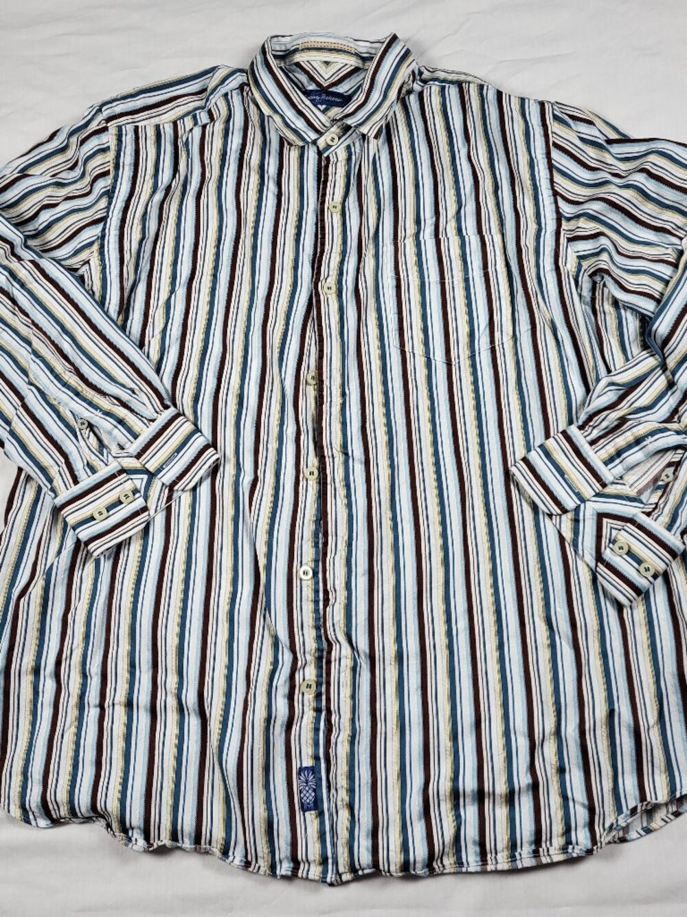Tommy Bahama Shirt XL Vertical Stripe Button Down 100% Silk Casual Beach Preppy